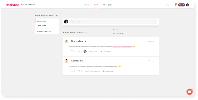 tela representando a área social learning da Mobiliza LMS