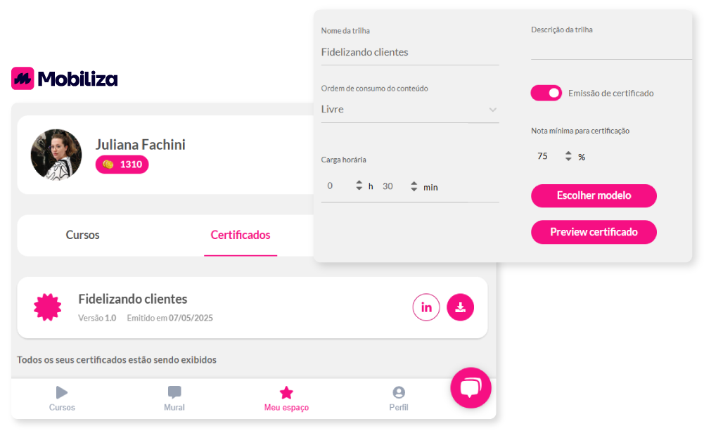Mockup com as informações para criar um certificado de treinamento na plataforma LMS da Mobiliza. Na tela as informações são: nome da trilha, descrição da trilha, ordem de consumo do conteúdo, emissão de certificado, nota mínima para certiticação e carga horária. Tem os botões "Escolher modelo" e "Preview certificado".