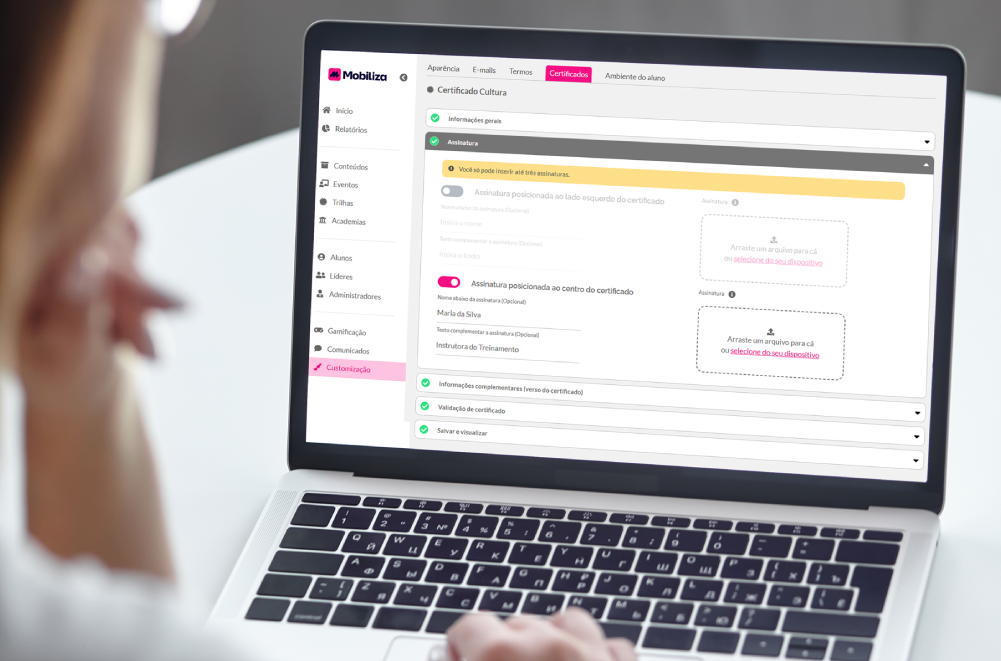 Tela da criação de certificados de treinamento automatizados na plataforma LMS da Mobiliza