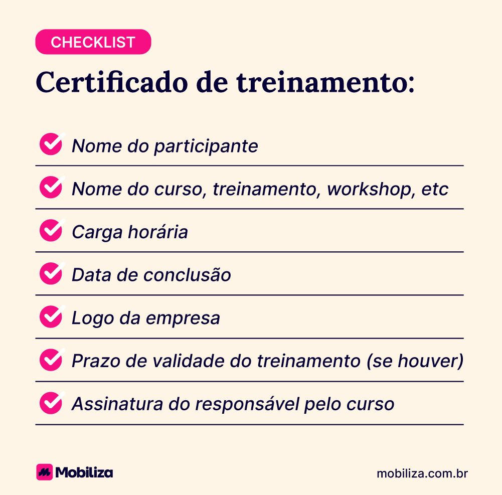 Checklist para criar certificado de treinamento: Nome do participante Nome do curso, treinamento, workshop, etc Carga horária Data de conclusão Logo da empresa Prazo de validade do treinamento (se houver) Assinatura do responsável pelo curso