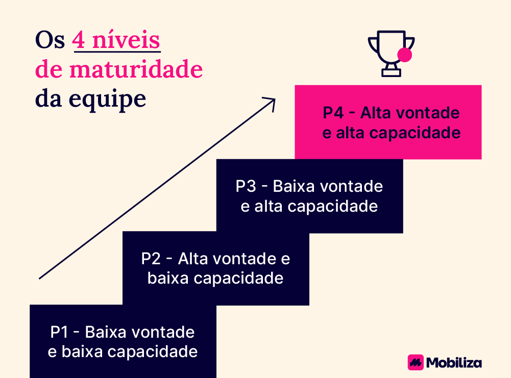 Os 4 níveis de maturidade da equipe: P1 - Baixa vontade e baixa capacidade, P2 - Alta vontade e baixa capacidade, P3 - Baixa vontade e alta capacidade e P4 - Alta vontade e alta capacidade