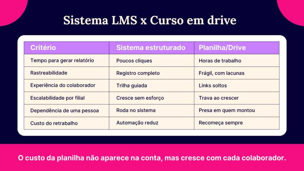 diferença entre um sistema LMS e hospedar curso no drive